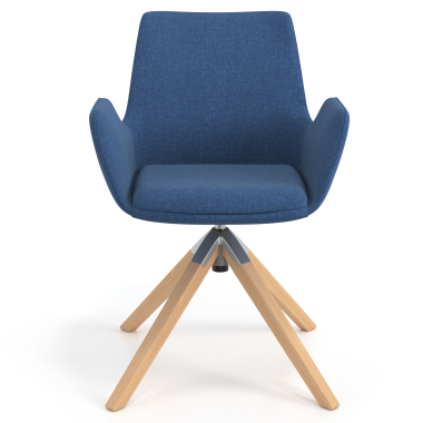 silla nordica azul giratoria madera tela brazos tapizados 4