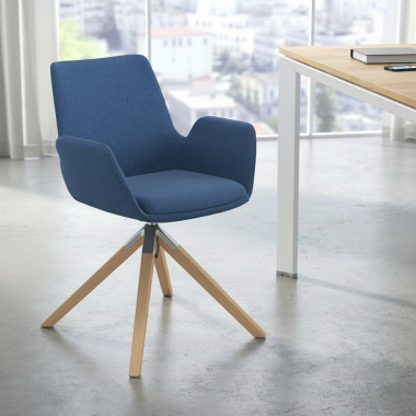 silla nordica azul giratoria madera tela brazos tapizados 2