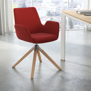 silla nordica rojo giratoria madera tela brazos tapizados 2