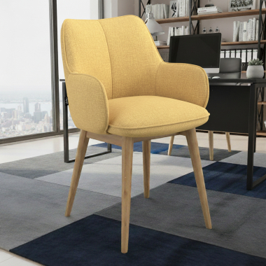 silla nordica amarillo patas de madera tela brazos tapizados 2