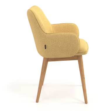 silla nordica amarillo patas de madera tela brazos tapizados 3