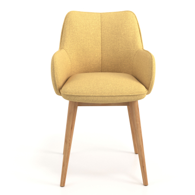 silla nordica amarillo patas de madera tela brazos tapizados 4
