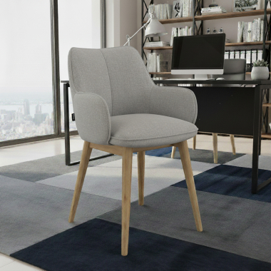 silla nordica gris patas de madera tela brazos tapizados 2