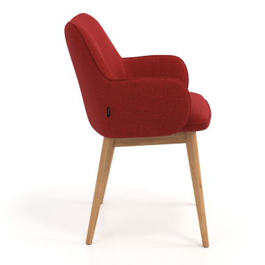 silla nordica rojo patas de madera tela brazos tapizados 3