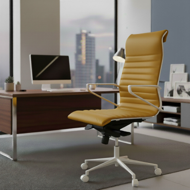 sillon de direccion blanco amarillo respaldo alto estructura blanca piel sintetica brazos fijos 2