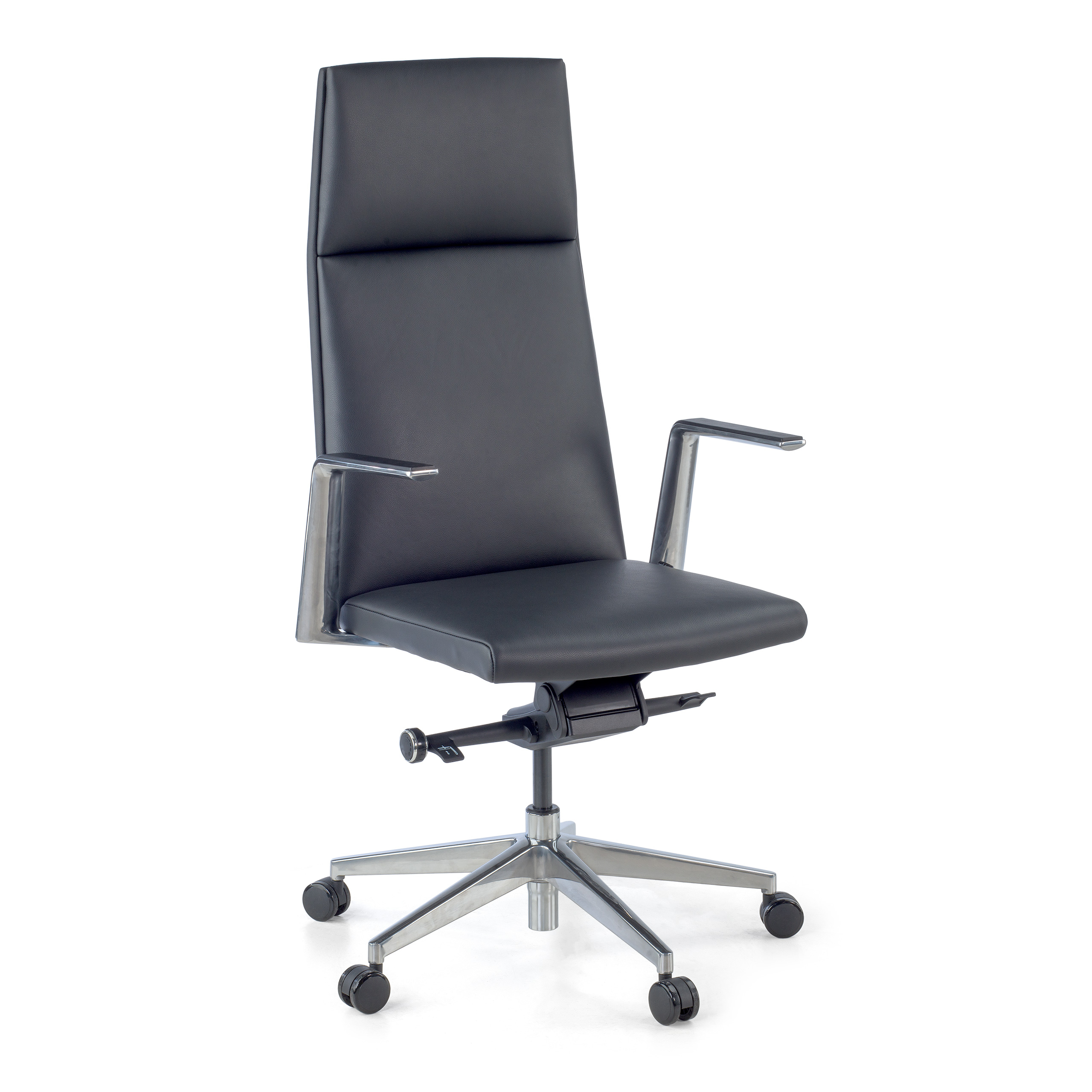 Sillón de oficina ejecutivo Manheim, respaldo alto, piel natural, aluminio