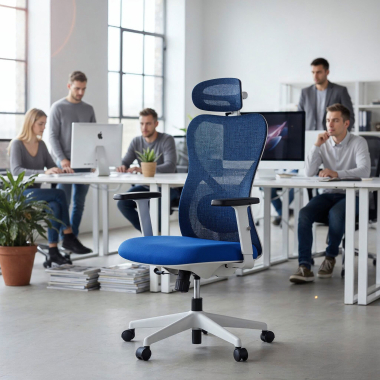 silla de oficina blanco azul estructura blanca malla brazos regulables 1d soporte lumbar reposacabezas 2