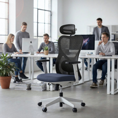 silla de oficina blanco gris estructura blanca malla brazos regulables 1d soporte lumbar reposacabezas 2