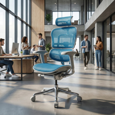 silla ergonomica blanco azul estructura blanca red malla brazos regulables 5d reposacabezas 2