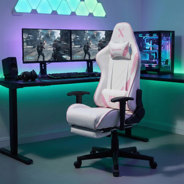 silla gaming blanco rosa epic piel sintetica brazos moviles cojin lumbar y cervical reposacabezas reposapies extensible 2