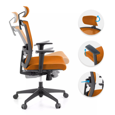 silla ergonomica naranja estructura negra reposacabezas malla brazos regulables 1d soporte lumbar reposacabezas 3