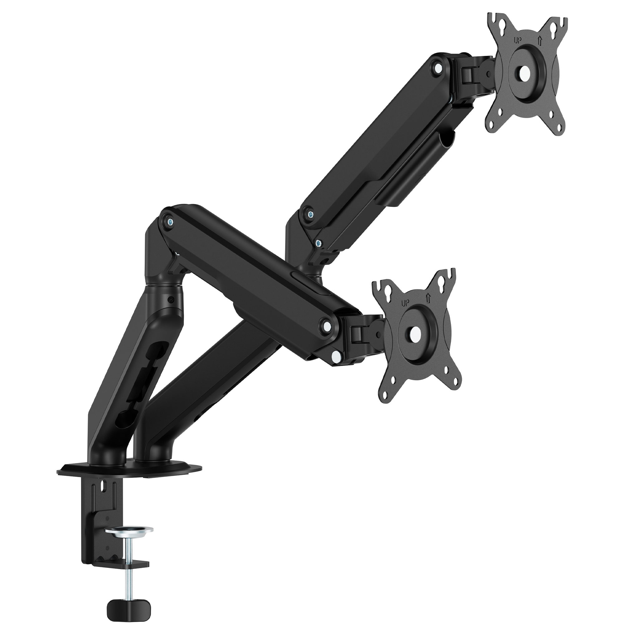 Brazo monitor articulado doble con resorte de gas, 2 pantallas