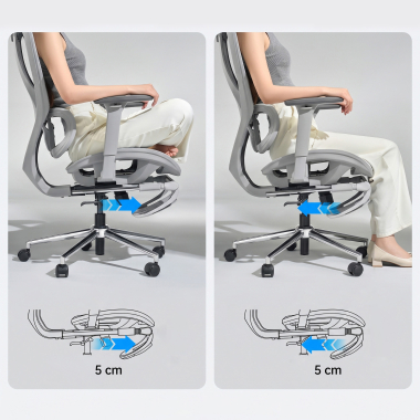 Reposabrazos 3D, reposacabezas y asiento regulable