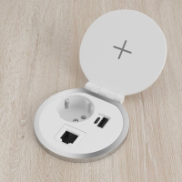 Pasacables de escritorio Powerhub Ø80 con enchufe, carga inalámbrica, USB y RJ45