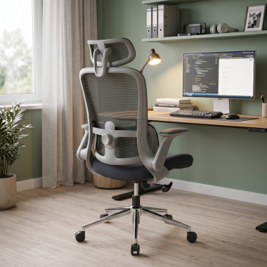 silla ergonomica gris dexter malla brazos abatibles soporte lumbar reposacabezas 2