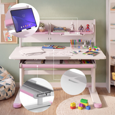 mesa de escritorios juveniles blanco rosa ergokid 7