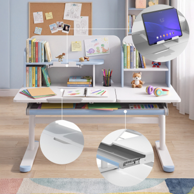 mesa de escritorios juveniles blanco azul ergokid 7