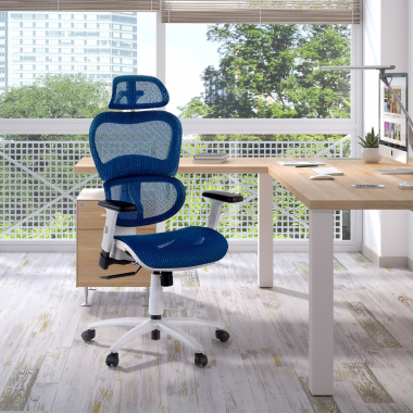 silla ergonomica blanco azul estructura blanca malla brazos regulables 3d doble soporte lumbar reposacabezas 2