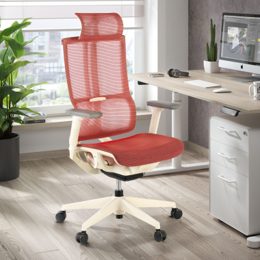 silla ergonomica blanco rojo estructura blanca malla brazos regulables 3d doble soporte lumbar reposacabezas 2