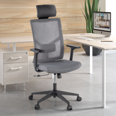 silla de oficina gris estructura negra malla brazos regulables 1d soporte lumbar reposacabezas 2