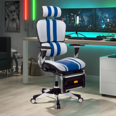 silla gaming azul ergoplus piel natural brazos regulables 3d soporte lumbar reposapies extensible 2