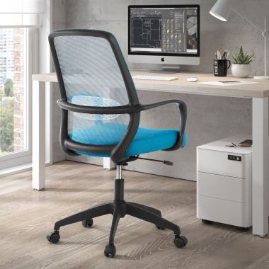 silla giratoria azul estructura negra malla brazos fijos 2