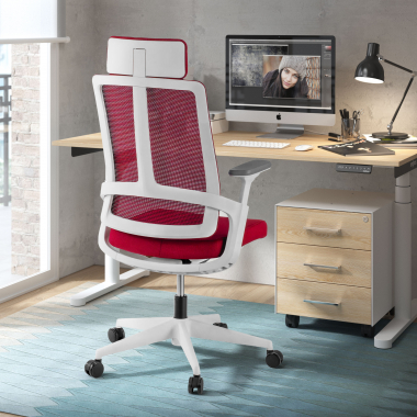 silla de oficina barata blanco rojo estructura blanca malla brazos regulables 4d soporte lumbar reposacabezas 2