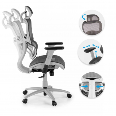 silla ergonomica blanco gris estructura blanca malla brazos regulables 3d doble soporte lumbar reposacabezas 3