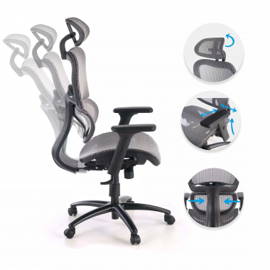 silla ergonomica gris estructura negra malla brazos regulables 3d doble soporte lumbar reposacabezas 3