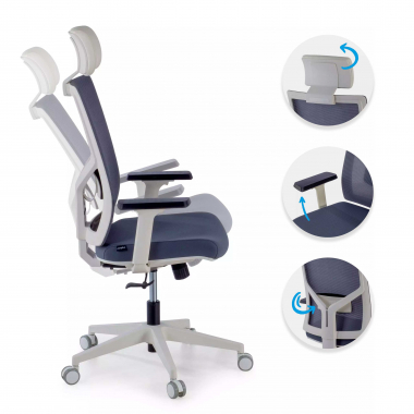 silla de oficina blanco gris estructura blanca reposacabezas malla brazos regulables 1d soporte lumbar reposacabezas 3