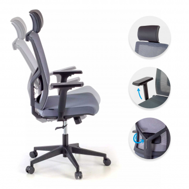 silla de oficina gris estructura negra malla brazos regulables 1d soporte lumbar reposacabezas 3