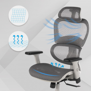 silla ergonomica blanco gris estructura blanca malla brazos regulables 3d doble soporte lumbar reposacabezas 4
