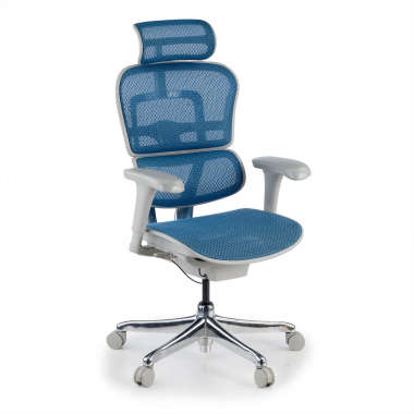 silla ergonomica blanco azul estructura blanca red malla brazos moviles reposacabezas 1