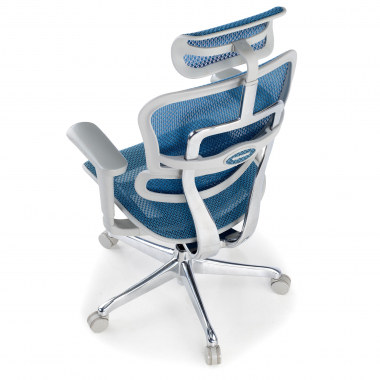 silla ergonomica blanco azul estructura blanca red malla brazos moviles reposacabezas 9