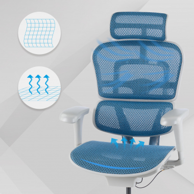 silla ergonomica blanco azul estructura blanca red malla brazos moviles reposacabezas 4