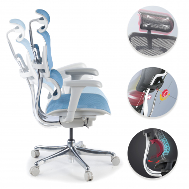 silla ergonomica blanco azul estructura blanca red malla brazos moviles reposacabezas 3
