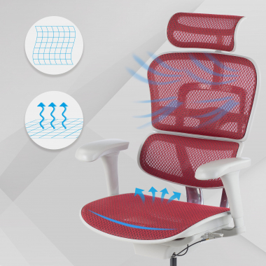 silla ergonomica blanco rojo estructura blanca red malla brazos moviles reposacabezas 4