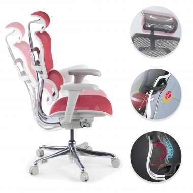 silla ergonomica blanco rojo estructura blanca red malla brazos moviles reposacabezas 3