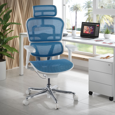 silla ergonomica blanco azul estructura blanca red malla brazos moviles reposacabezas 2