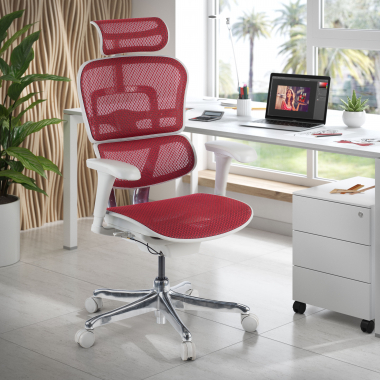 silla ergonomica blanco rojo estructura blanca red malla brazos moviles reposacabezas 2