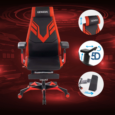silla gaming rojo genidia piel natural brazos regulables 5d soporte lumbar reposapies extensible 3