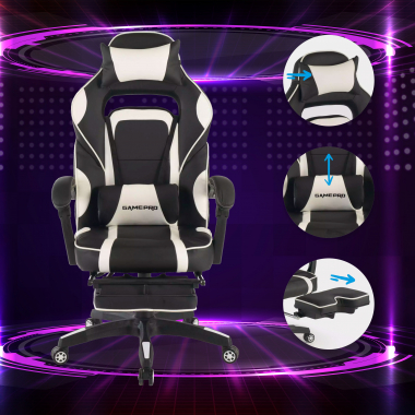 silla gaming blanco logan piel sintetica brazos moviles cojin lumbar y cervical reposacabezas reposapies extensible 3