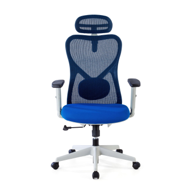 silla de oficina blanco azul estructura blanca malla brazos regulables 1d soporte lumbar reposacabezas 3