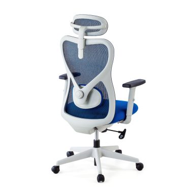 silla de oficina blanco azul estructura blanca malla brazos regulables 1d soporte lumbar reposacabezas 8