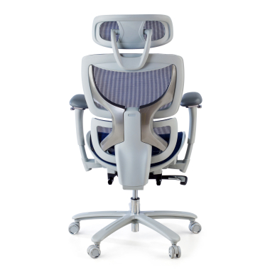 silla ergonomica blanco azul estructura blanca malla brazos regulables 3d reposacabezas reposapies extensible 5