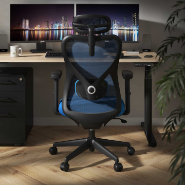 silla de oficina azul estructura negra malla brazos regulables 1d soporte lumbar reposacabezas 2